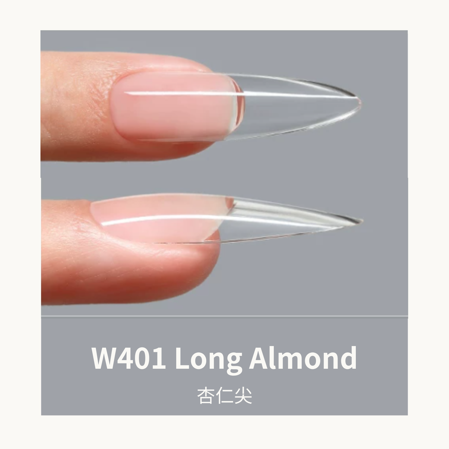 Mr Nail W401 Long Almond Pre-Constructed Nail Tips - Clear Full Cover PMMA Nail Tips, Pre-Curved, No Extra Build Needed for Salon-Quality Manicure