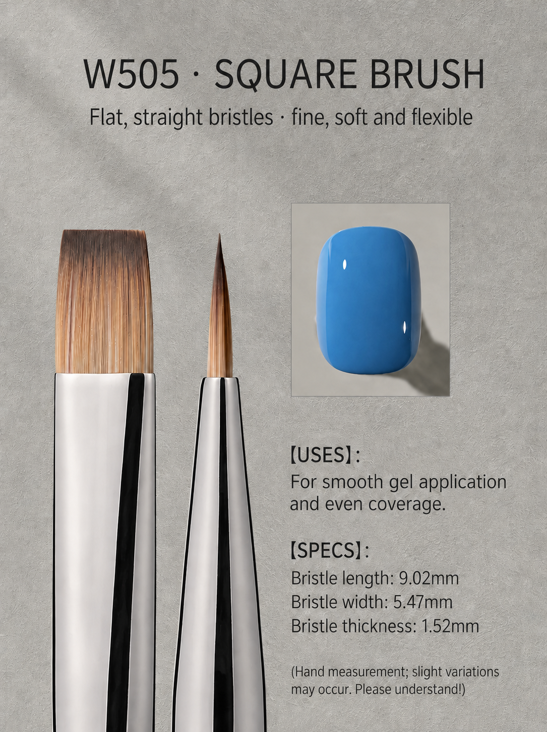 MR Nail W505 Square Brush with flat, straight bristles for smooth gel application and even coverage.