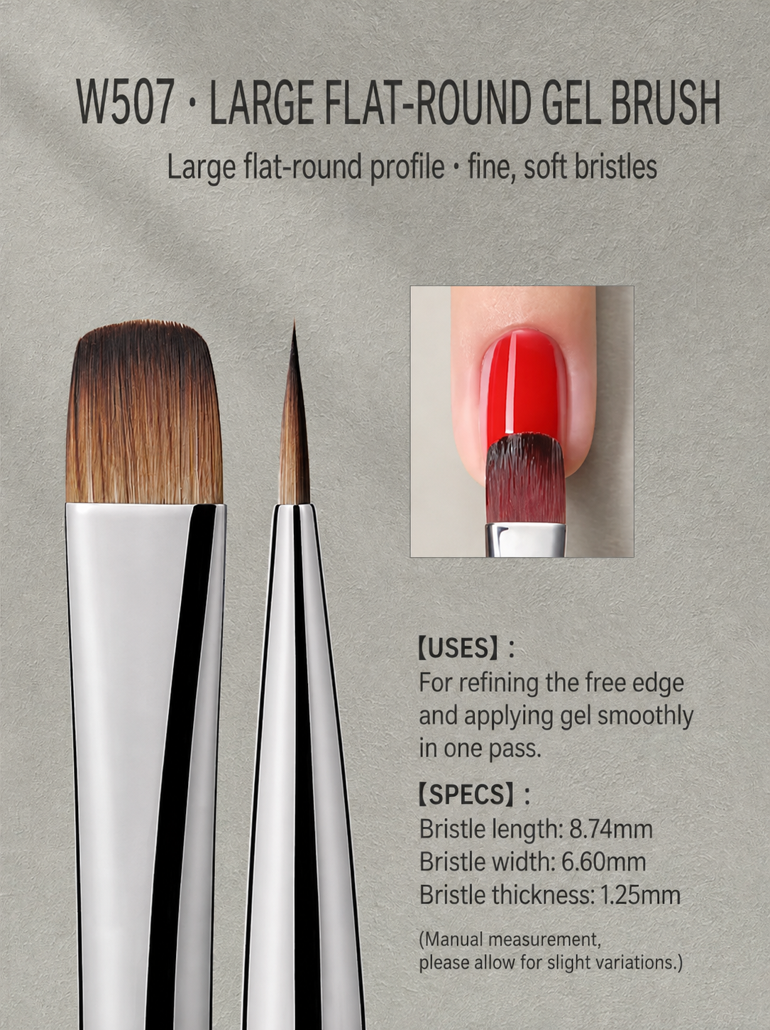 MR.NAIL W507 large flat-round gel brush — English-localized product detail
