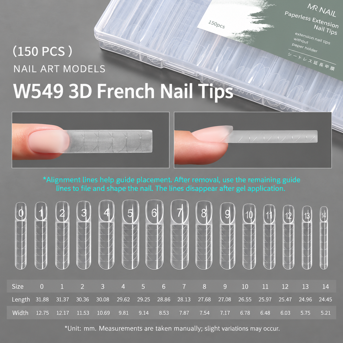 MR Nail W549 3D French nail tips in a 150-piece set with alignment guides, available sizes and detailed measurements.