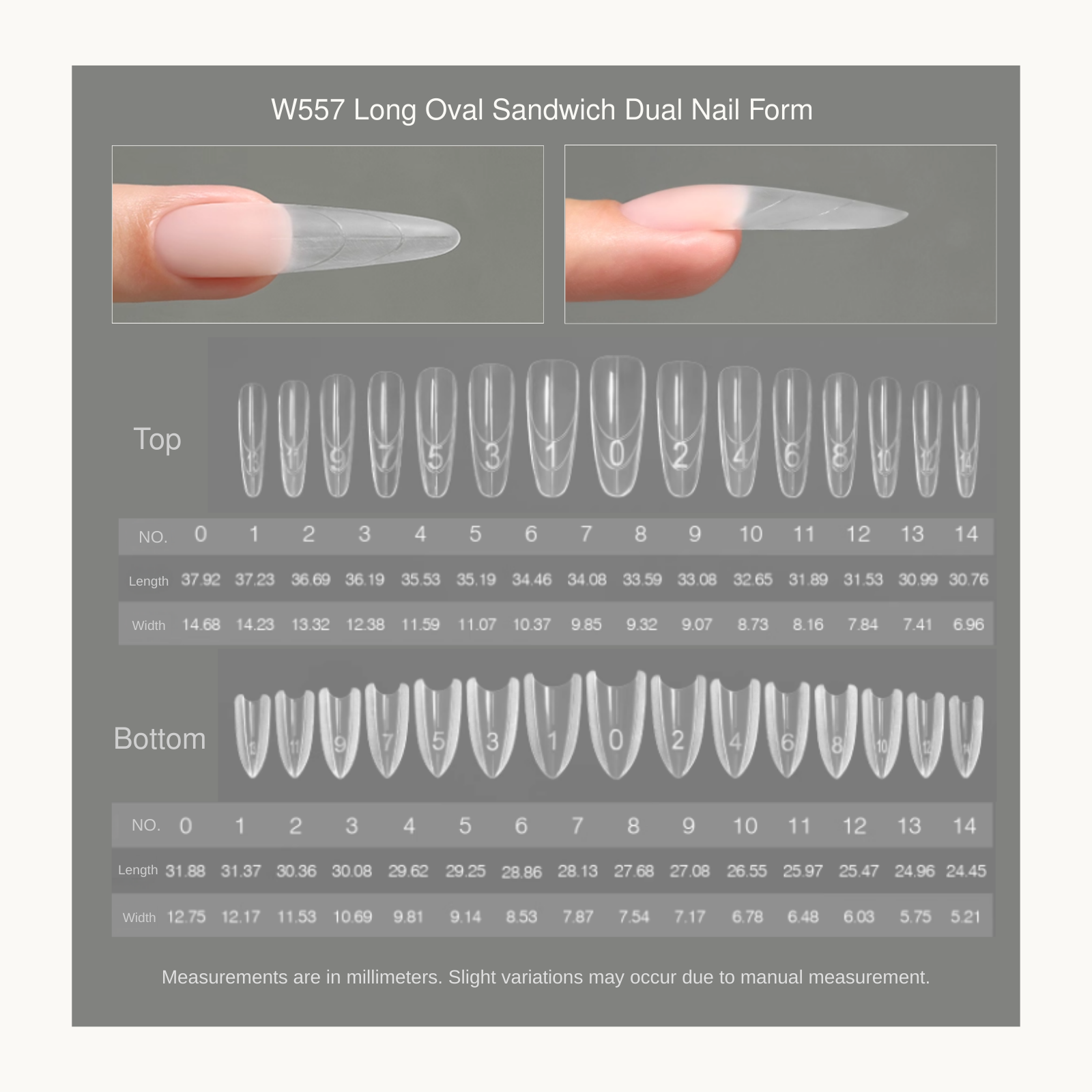 Size chart for Mr Nail W557 long ovalsandwich dual nail forms including top and bottom mold measurements