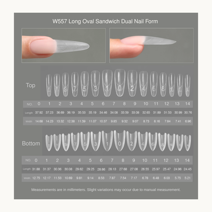 Size chart for Mr Nail W557 long ovalsandwich dual nail forms including top and bottom mold measurements