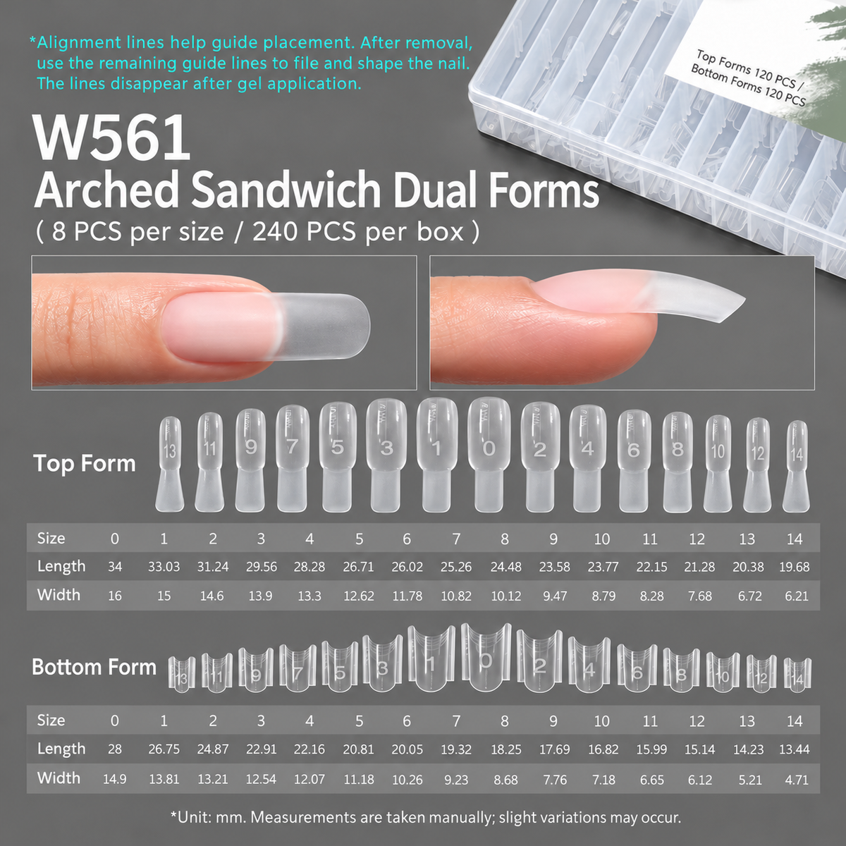 MR Nail W561 arched sandwich dual forms with top and bottom forms, 15 sizes and 240 pieces for structured gel nail extensions.