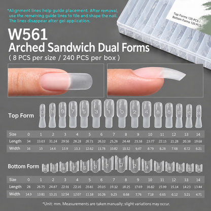 MR Nail W561 arched sandwich dual forms with top and bottom forms, 15 sizes and 240 pieces for structured gel nail extensions.