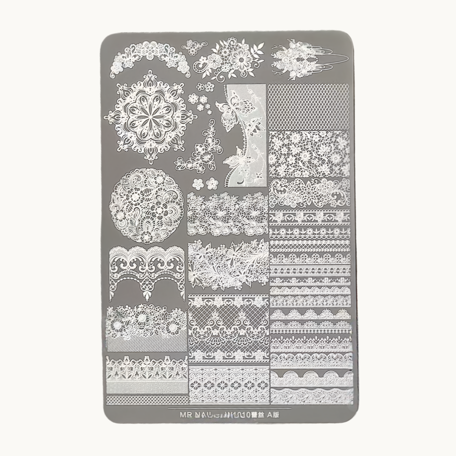 MR NAIL W1008 lace nail stamping plate A version showing detailed floral and lace engraving designs for professional nail art