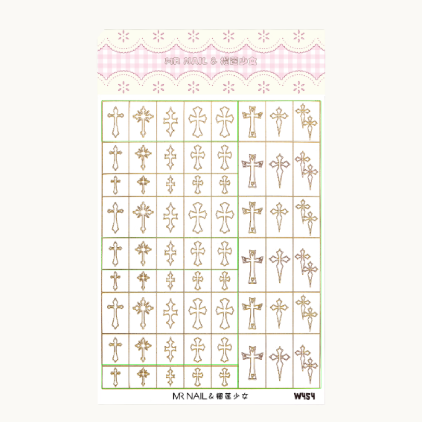 MR NAIL W454 cross cutout tap sticker sheet featuring multiple cross designs in various sizes