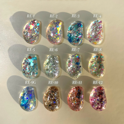 MY&BEE Reflection Series 12 holographic glitter gel nail swatches photographed in natural light, showing iridescent flakes, dimensional shimmer and colorful sparkle.