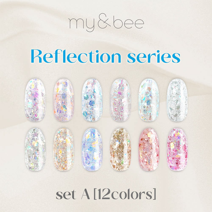 MY&BEE Reflection Series holographic glitter nail gel collection featuring 12 iridescent aurora shades with colorful reflective flakes and swatches.