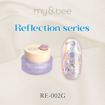 MY&BEE Reflection RE-002G warm-toned aurora holographic glitter gel with colorful iridescent flakes in different sizes.