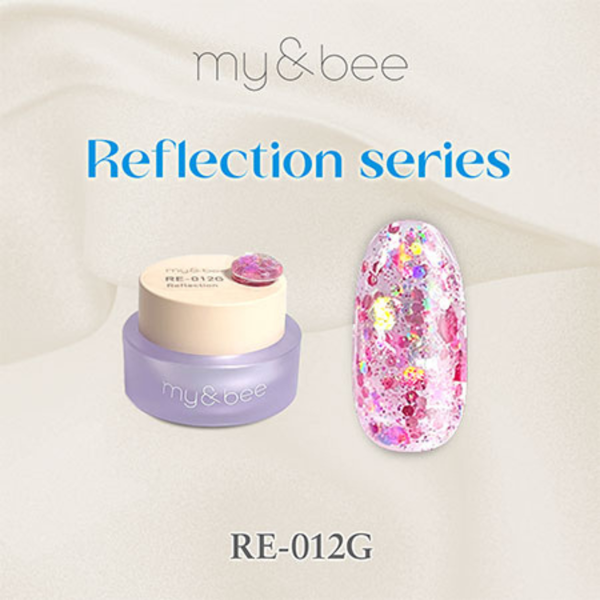 MY&BEE Reflection RE-012G holographic glitter nail gel featuring vibrant pink and silver iridescent flakes, shown with gel jar and nail swatch.