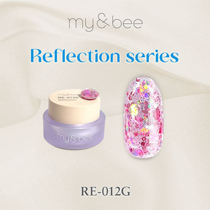MY&BEE Reflection RE-012G holographic glitter nail gel featuring vibrant pink and silver iridescent flakes, shown with gel jar and nail swatch.