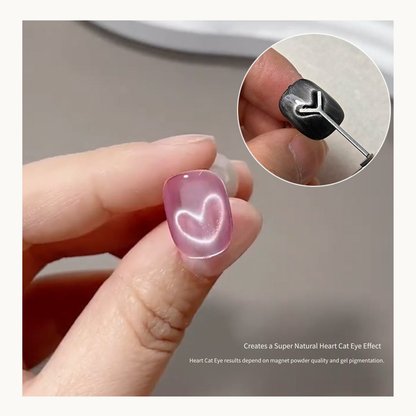 Close up of natural heart cat eye magnetic gel effect created using professional cat eye magnet tool