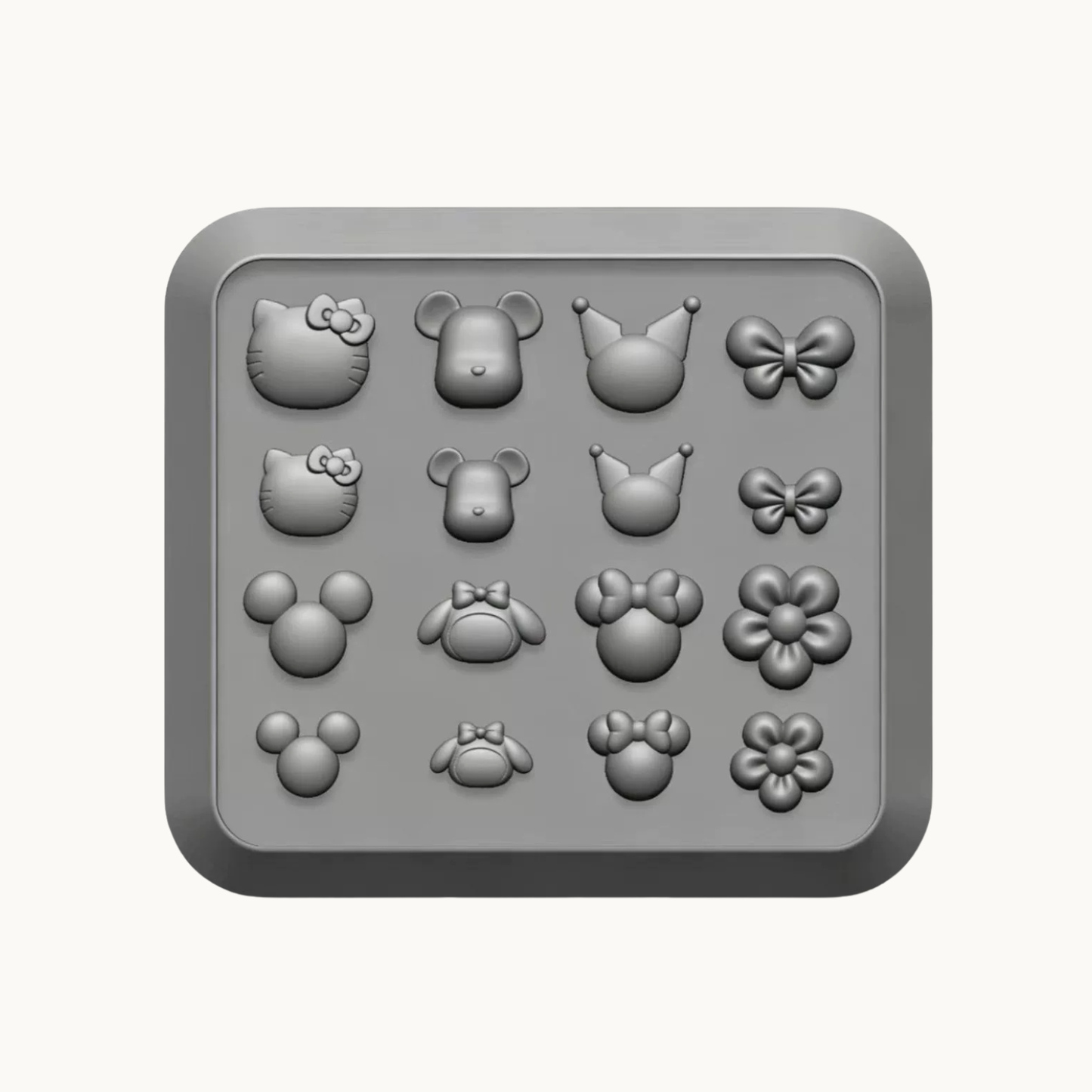 NF Select Silicone nail art mold featuring cute character heads, bows and flowers in multiple sizes for creating 3D gel nail charms and salon nail decorations.