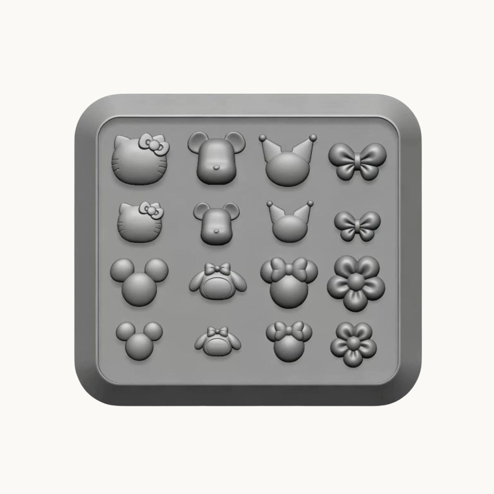 NF Select Silicone nail art mold featuring cute character heads, bows and flowers in multiple sizes for creating 3D gel nail charms and salon nail decorations.