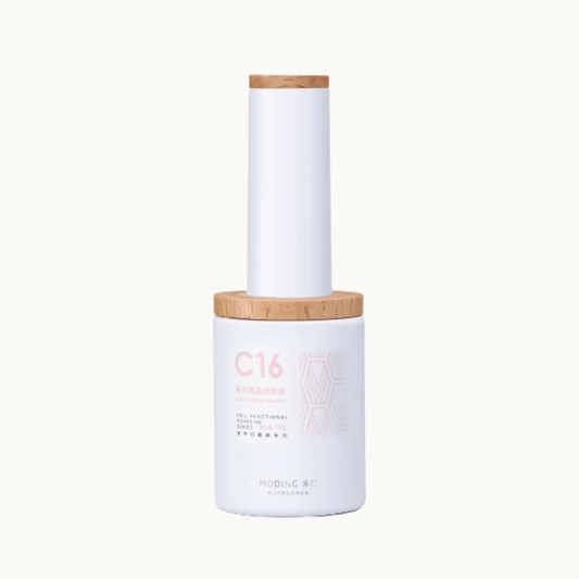 moding c16 crystal gloss top nail gel bottle with wooden cap on white background