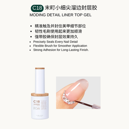 Moding C18 Detail Liner Top Gel — precise top gel with flexible brush for sealing fine nail details. Strong adhesion ensures a long-lasting glossy finish.