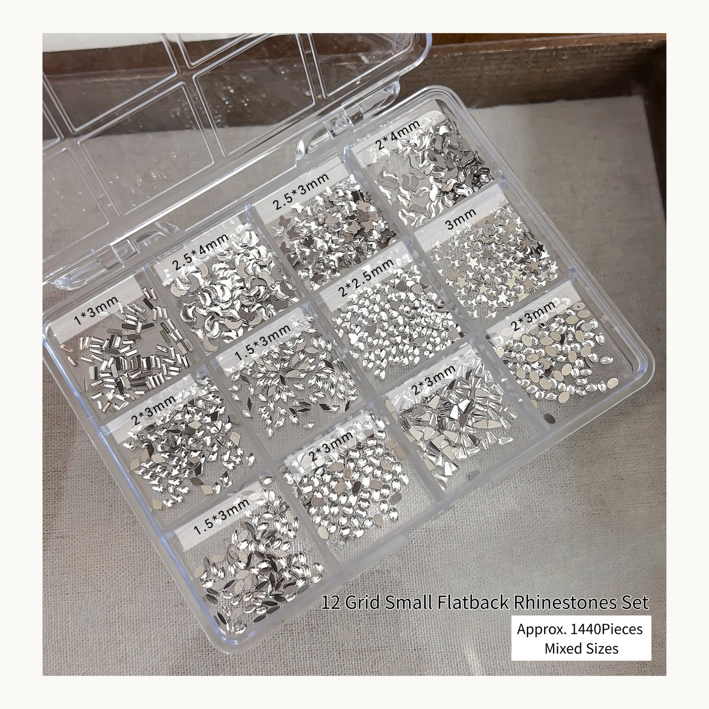 NF Select 12 Grid Small Flatback Rhinestones Set, approx. 1440pcs mixed sizes tiny nail art crystals for luxury & bridal manicures