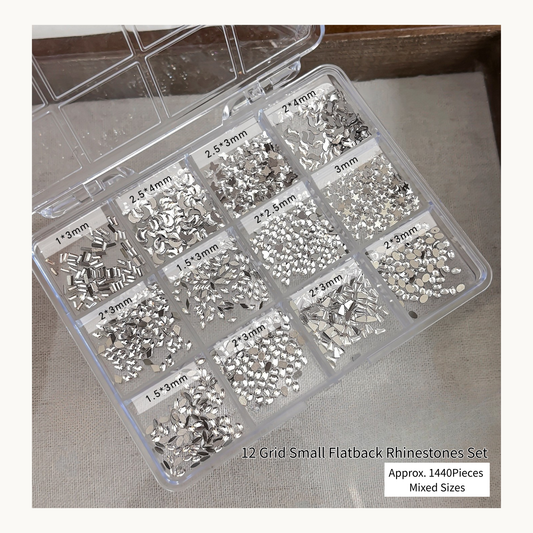 NF Select 12 Grid Small Flatback Rhinestones Set, approx. 1440pcs mixed sizes tiny nail art crystals for luxury & bridal manicures