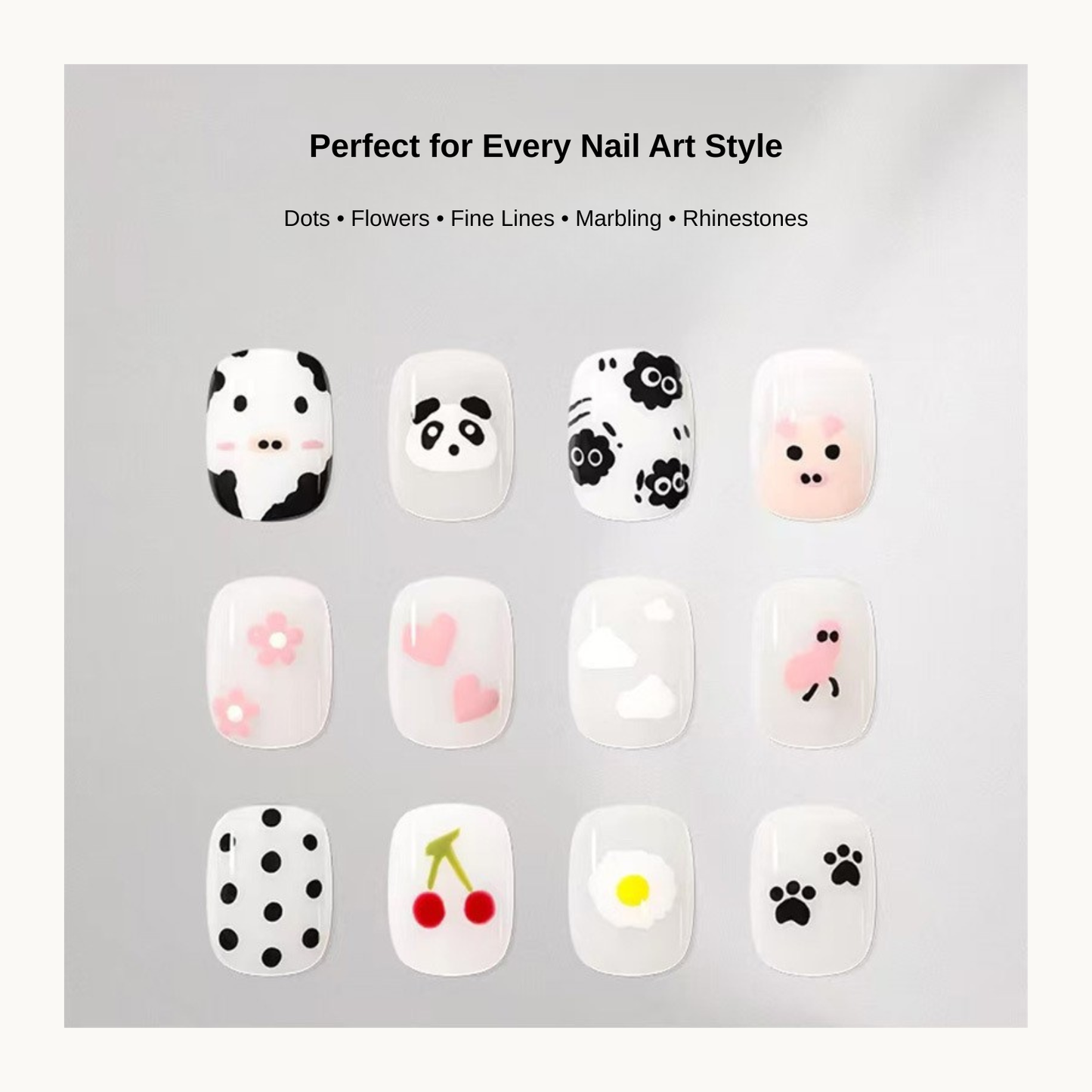 Nail art created with the NF Select 6-in-1 Nail Dotting Tool featuring flowers, dots, fine lines, marbling, character designs, and rhinestone nail art.