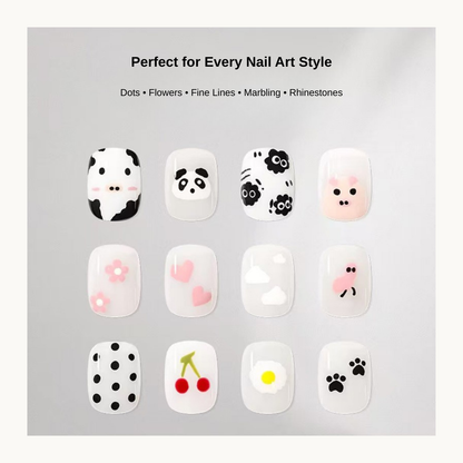 Nail art created with the NF Select 6-in-1 Nail Dotting Tool featuring flowers, dots, fine lines, marbling, character designs, and rhinestone nail art.