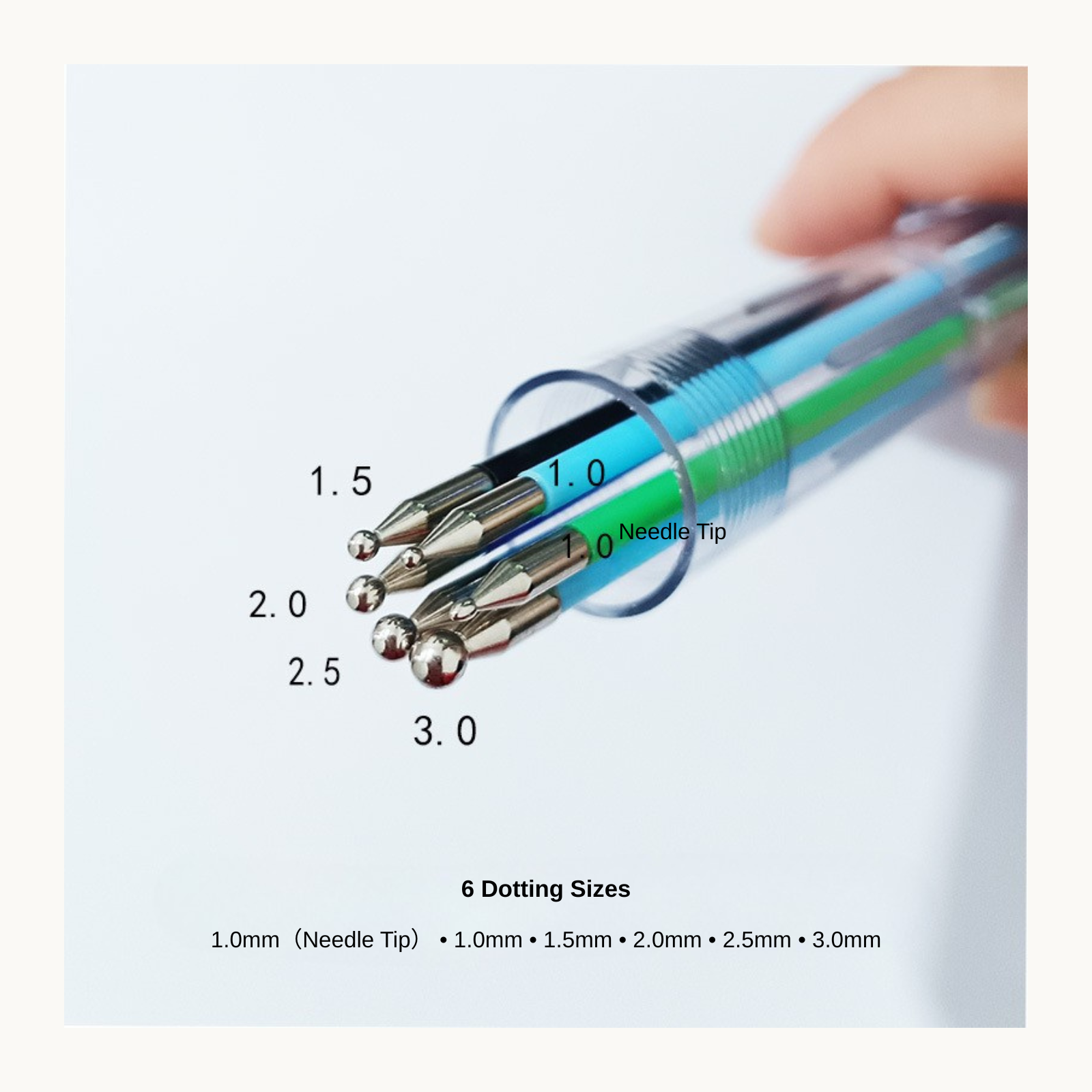 NF Select 6-in-1 Nail Dotting Tool with six precision tip sizes including a needle tip and ball tips for detailed nail art, dotting, marbling, and rhinestone application.