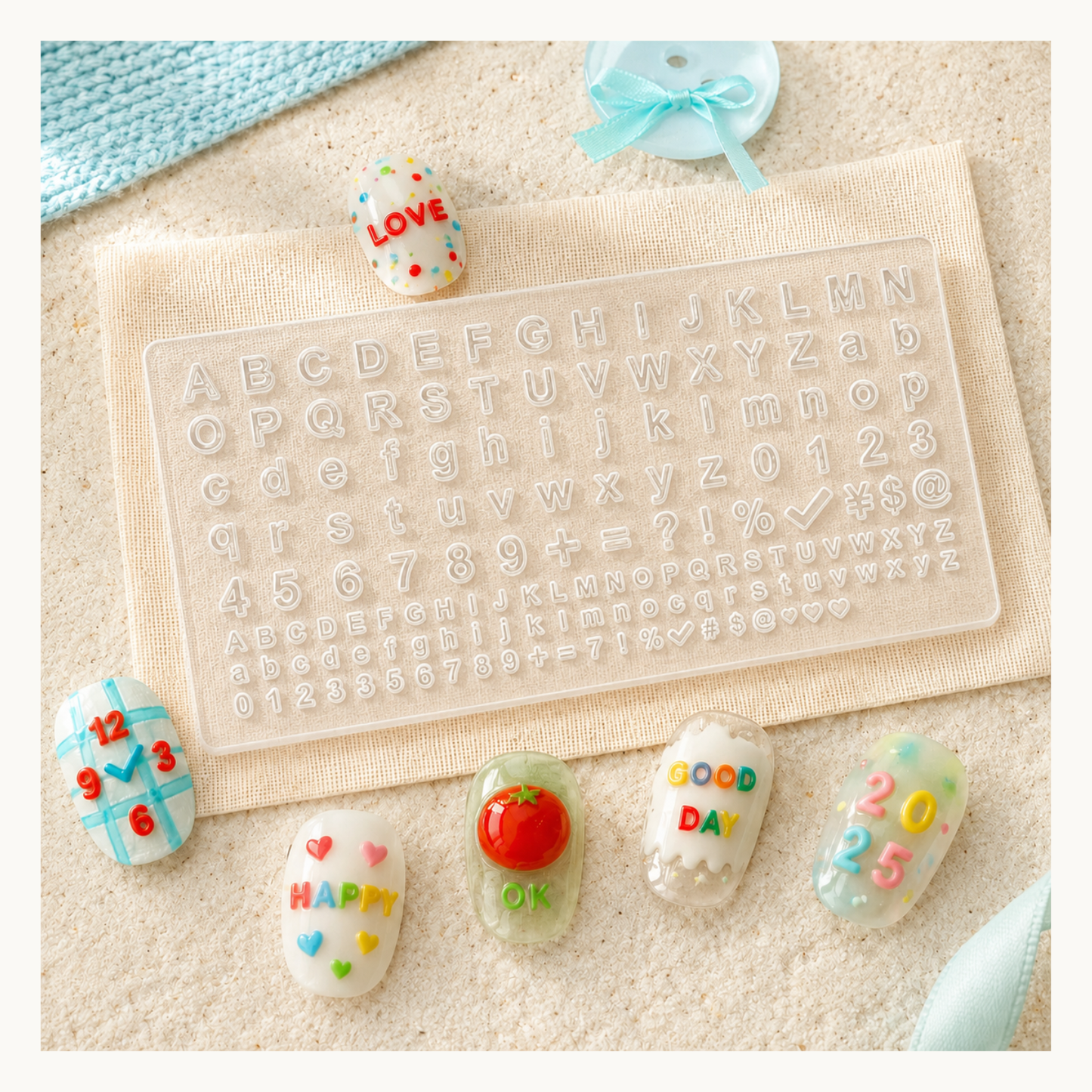 NF Select silicone nail art mold with uppercase and lowercase letters, numbers, symbols and hearts for creating customized 3D gel nail decorations.