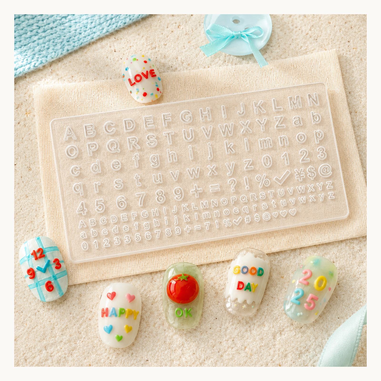 NF Select silicone nail art mold with uppercase and lowercase letters, numbers, symbols and hearts for creating customized 3D gel nail decorations.