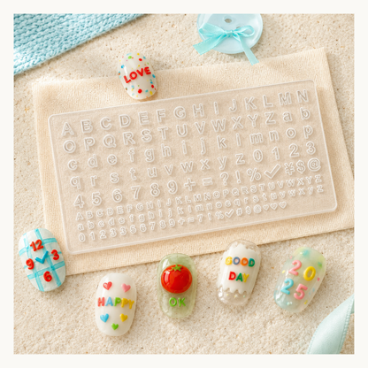 NF Select silicone nail art mold with uppercase and lowercase letters, numbers, symbols and hearts for creating customized 3D gel nail decorations.