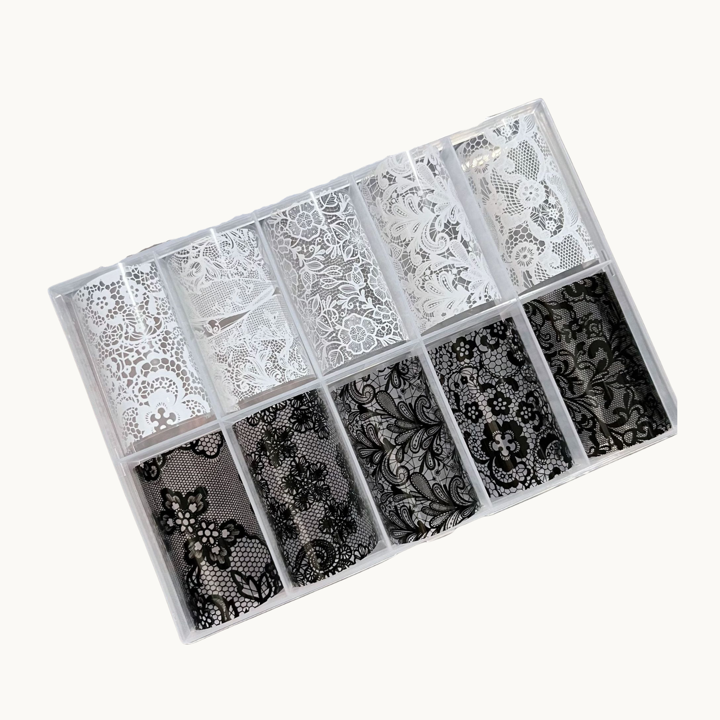 NF Select Black & White Lace Nail Transfer Foil set, delicate floral lace pattern nail art foils for elegant manicures