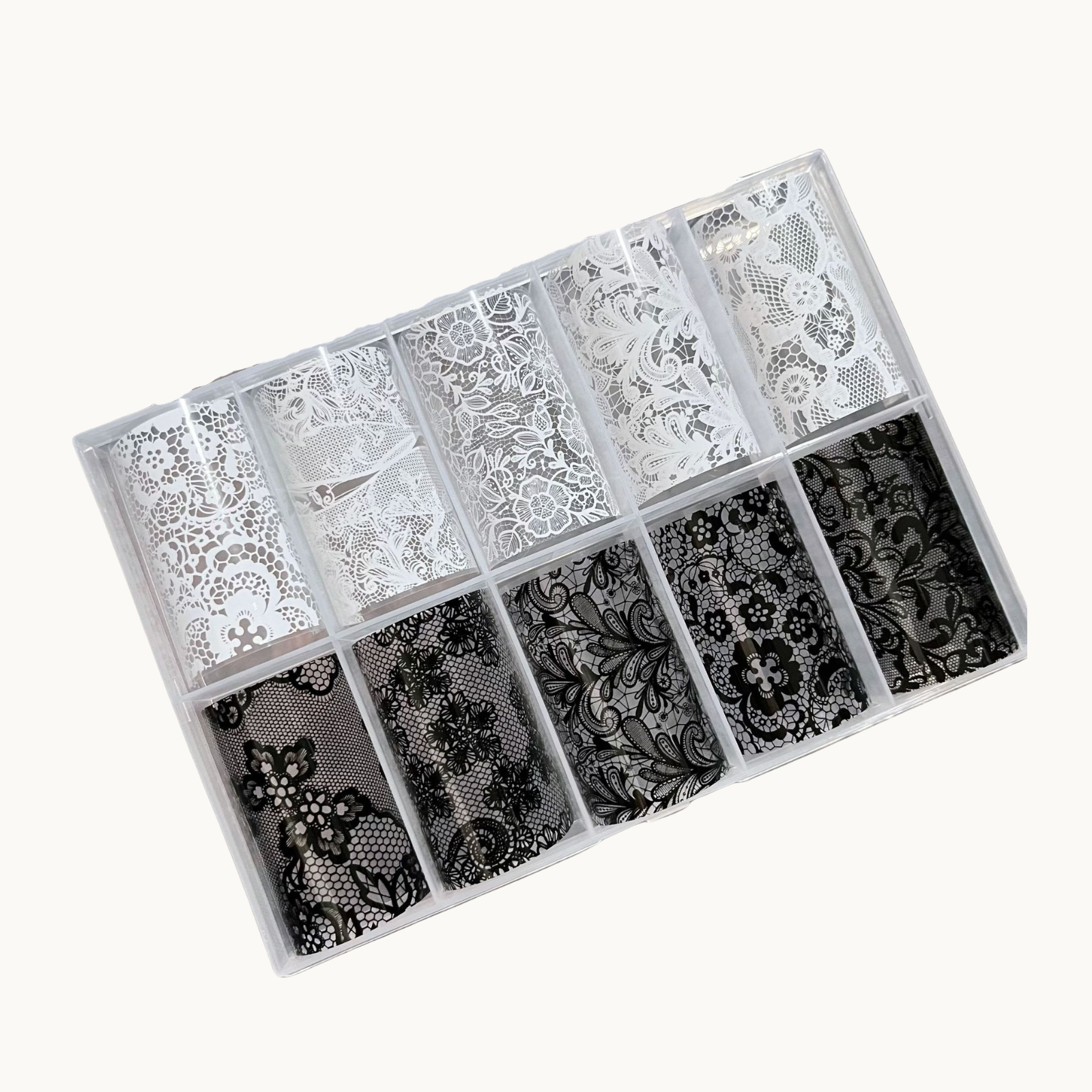 NF Select Black & White Lace Nail Transfer Foil set, delicate floral lace pattern nail art foils for elegant manicures