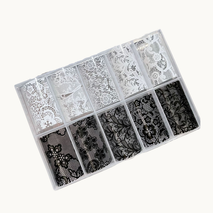 NF Select Black & White Lace Nail Transfer Foil set, delicate floral lace pattern nail art foils for elegant manicures