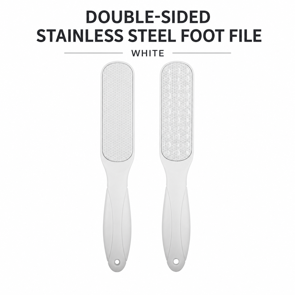 NF Select white double-sided stainless steel foot file showing both filing surfaces