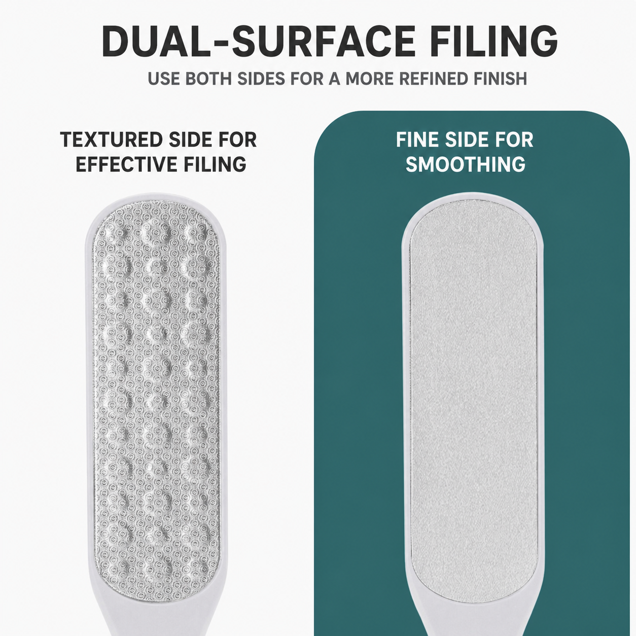Close-up of textured and fine filing sides on the NF Select double-sided foot file