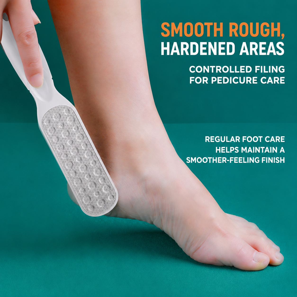 White stainless steel foot file used for controlled filing during pedicure foot care