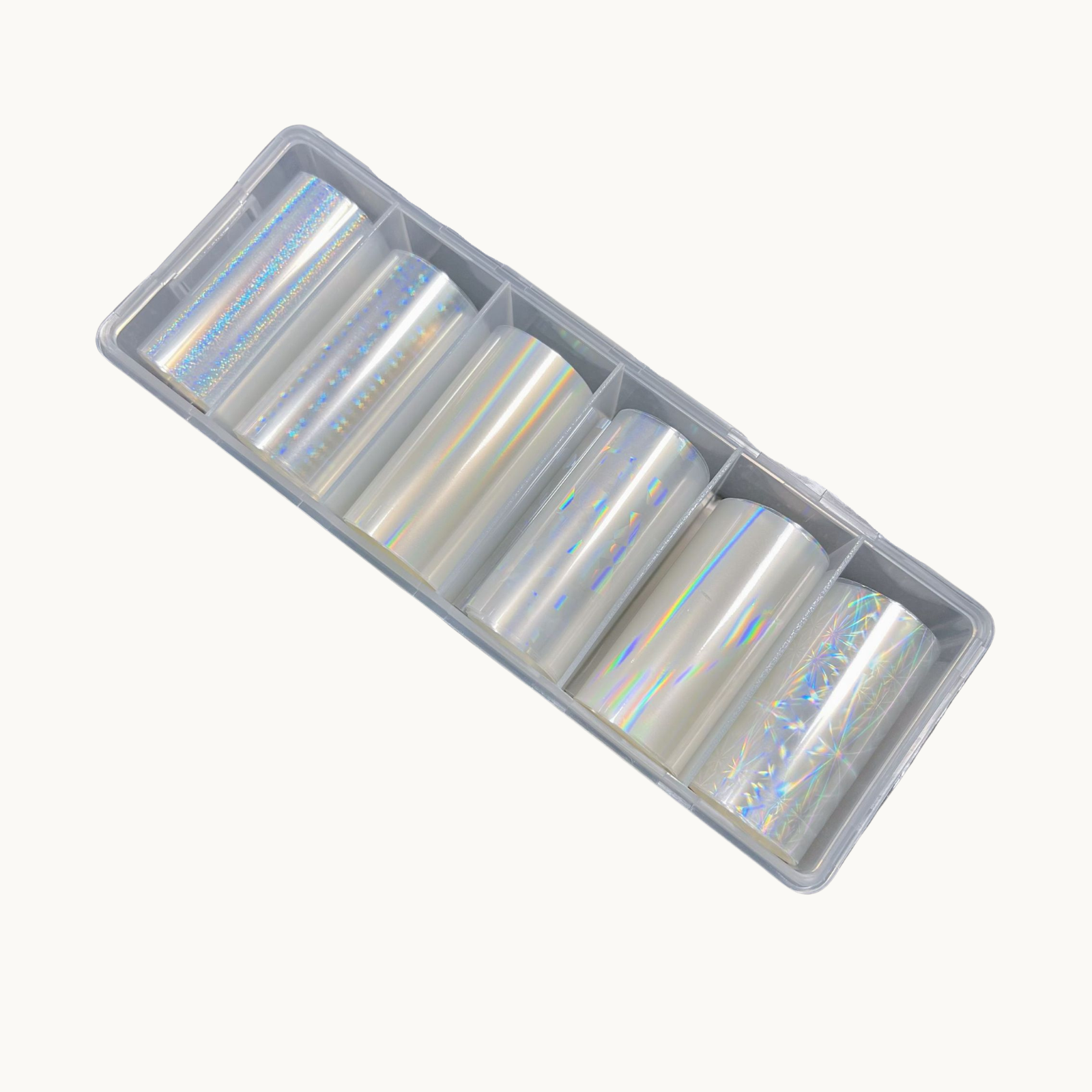 NF Select Holographic Aurora Nail Transfer Foil set, clear iridescent nail art foil with multiple styles in a storage box
