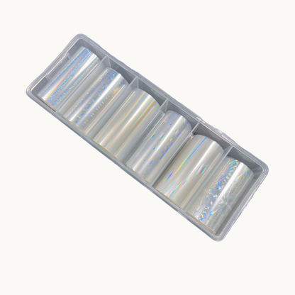 NF Select Holographic Aurora Nail Transfer Foil set, clear iridescent nail art foil with multiple styles in a storage box