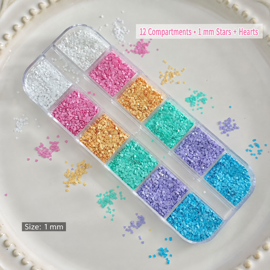 NF Select HZ-79 Macaron 12-compartment 1 mm star and heart nail glitter set