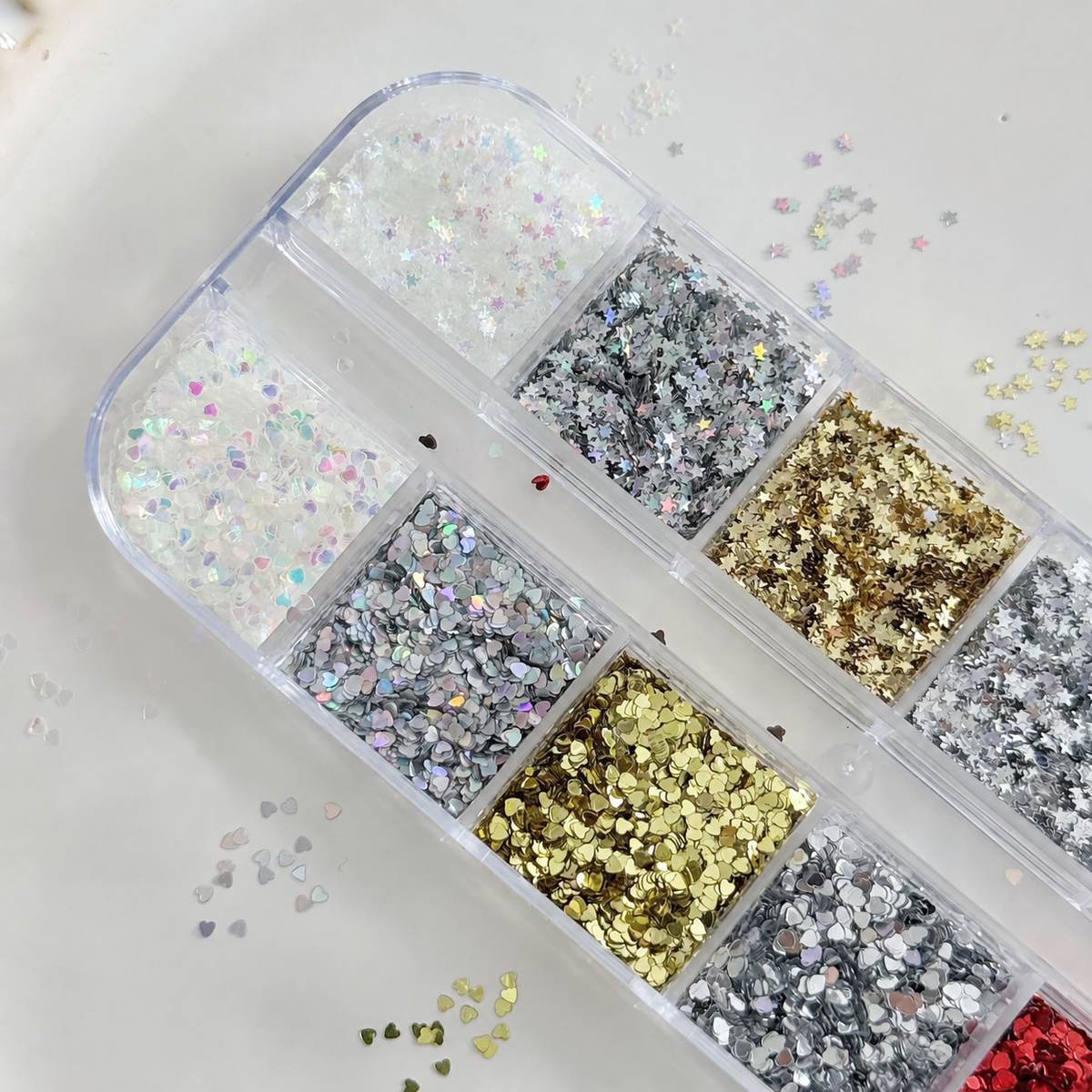 HZ-80 close-up of multicolor 1 mm star and heart nail glitter compartments