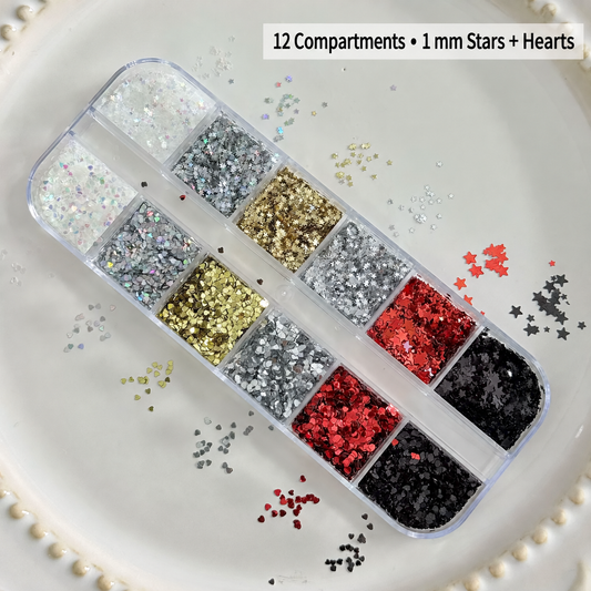 NF Select HZ-80 12-compartment 1 mm star and heart nail glitter set