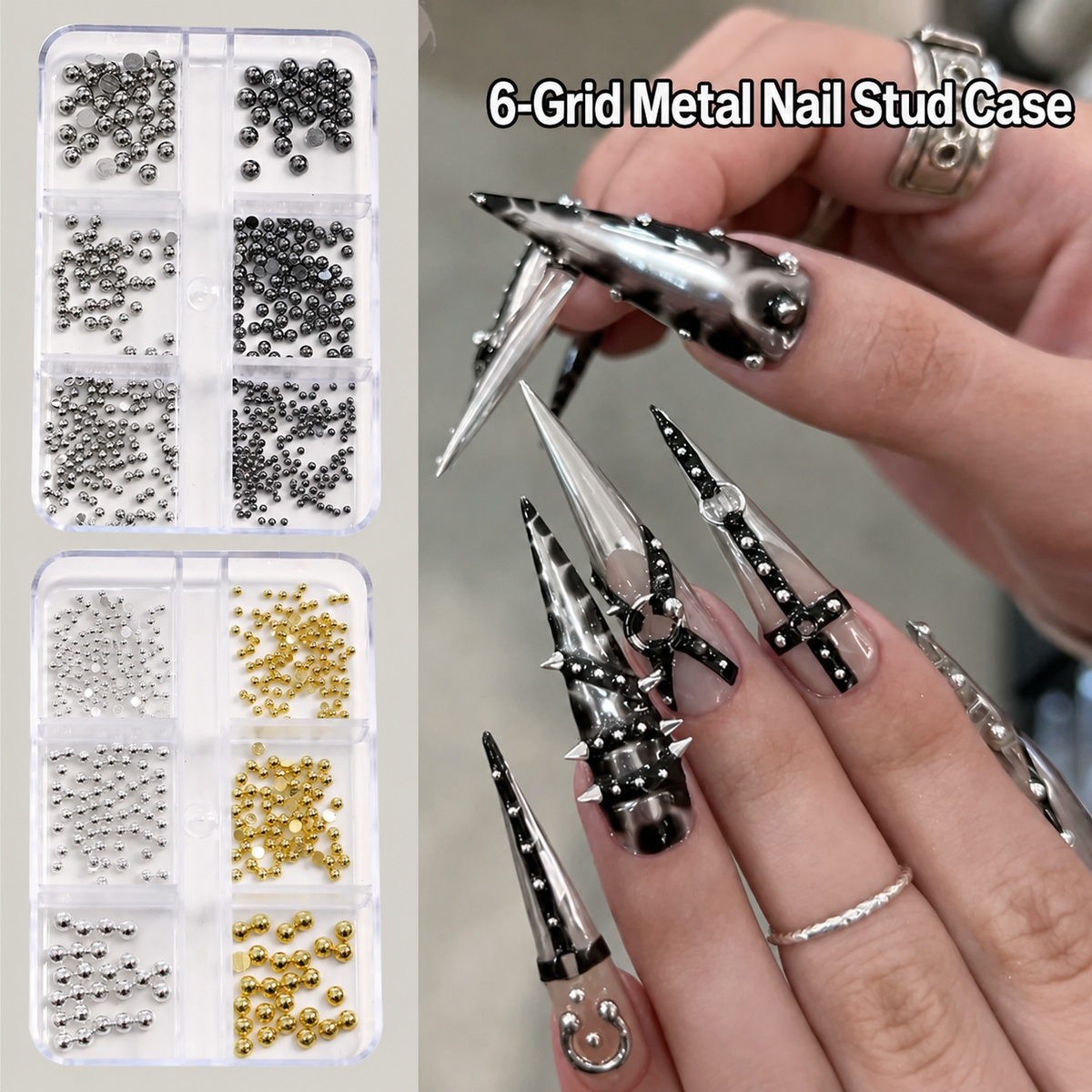 Metal nail studs in 6-grid storage cases and nail art application