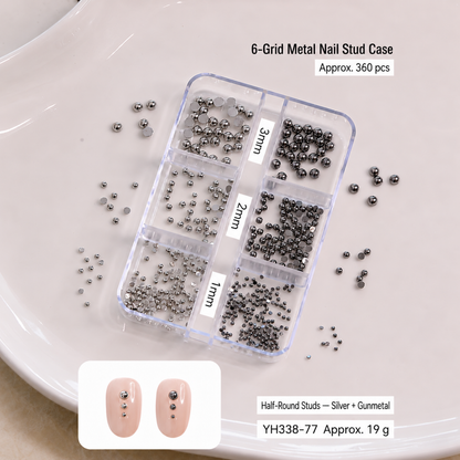 NF Select YH338-77 silver and gunmetal half-round nail studs in a six-compartment case, with 1 mm, 2 mm and 3 mm sizes and nail examples.