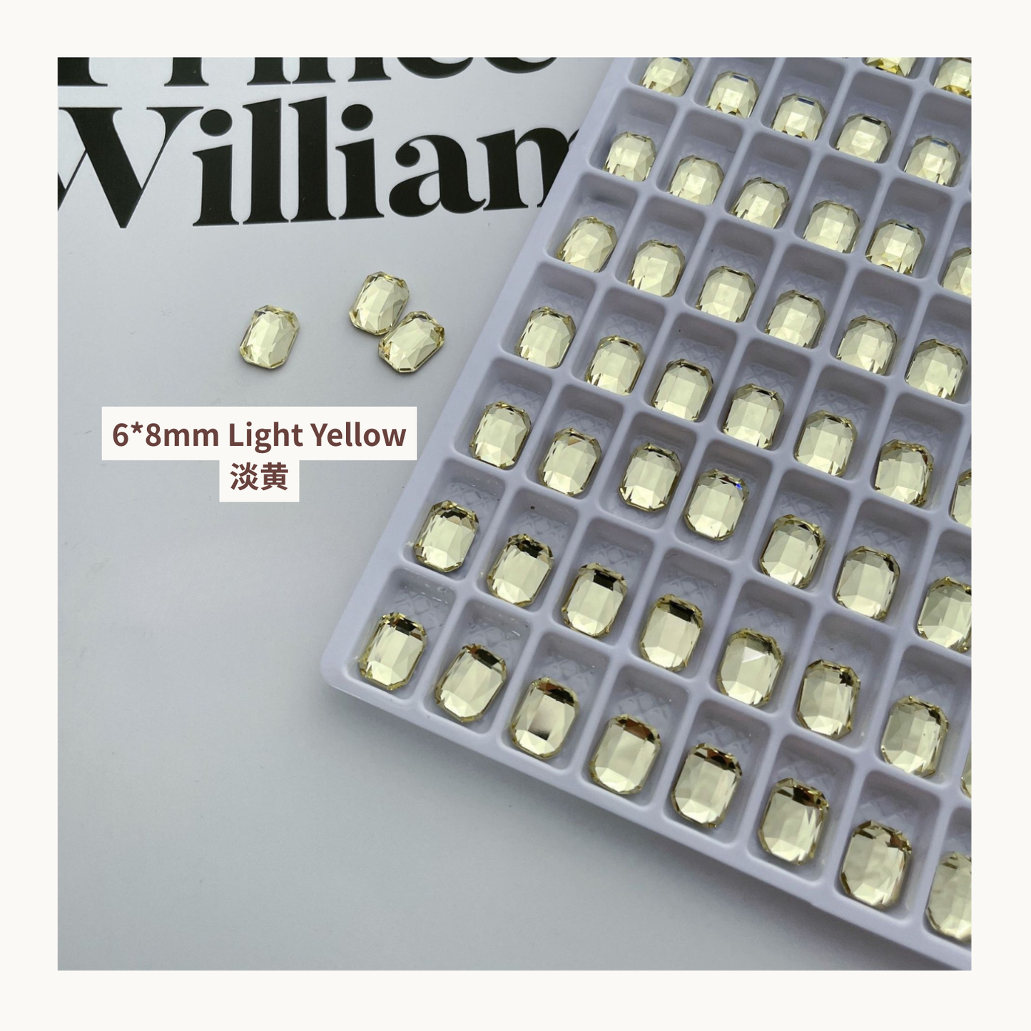 Clear octagon K9 flat back rhinestones light yellow 6x8mm shown on tray and single piece for nail art use