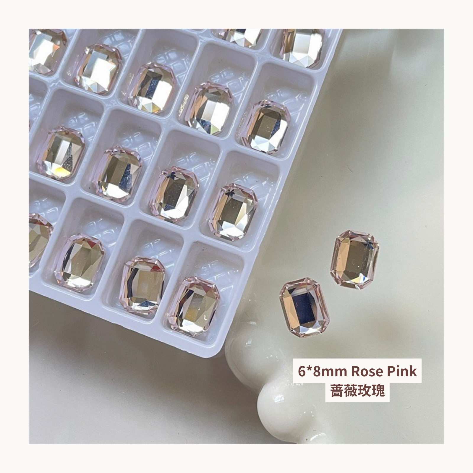 Clear octagon K9 flat back rhinestones Rose Pink 6x8mm shown on tray and single piece for nail art use