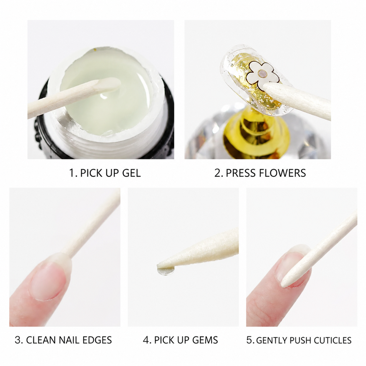 Five uses for double-ended orange wood sticks: pick up gel, press flowers, clean nail edges, pick up gems, and gently push cuticles