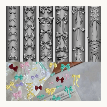 Bow and ribbon silicone nail-art mold with colorful finished bow shapes