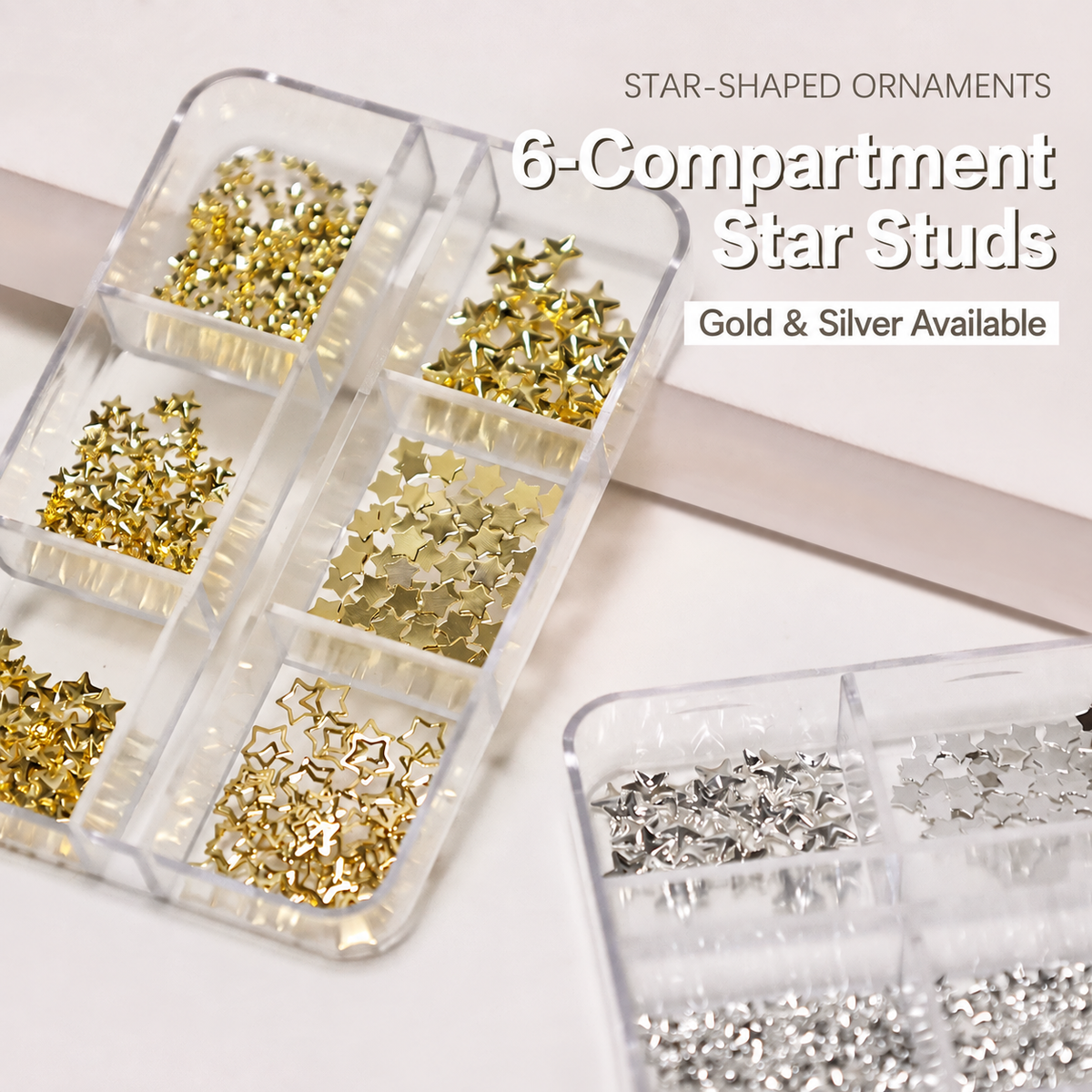 Gold and silver 6-compartment star nail stud boxes