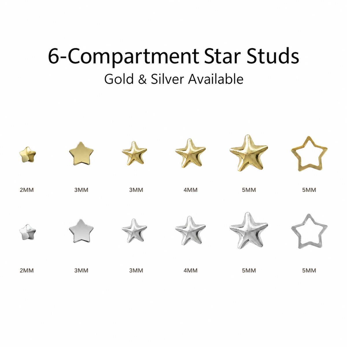 Star nail stud size guide, 2 mm to 5 mm