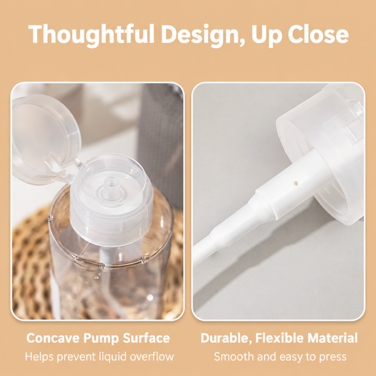 Close-up of the NF x 300 mL press-pump bottle featuring a concave pump surface and durable flexible mechanism.