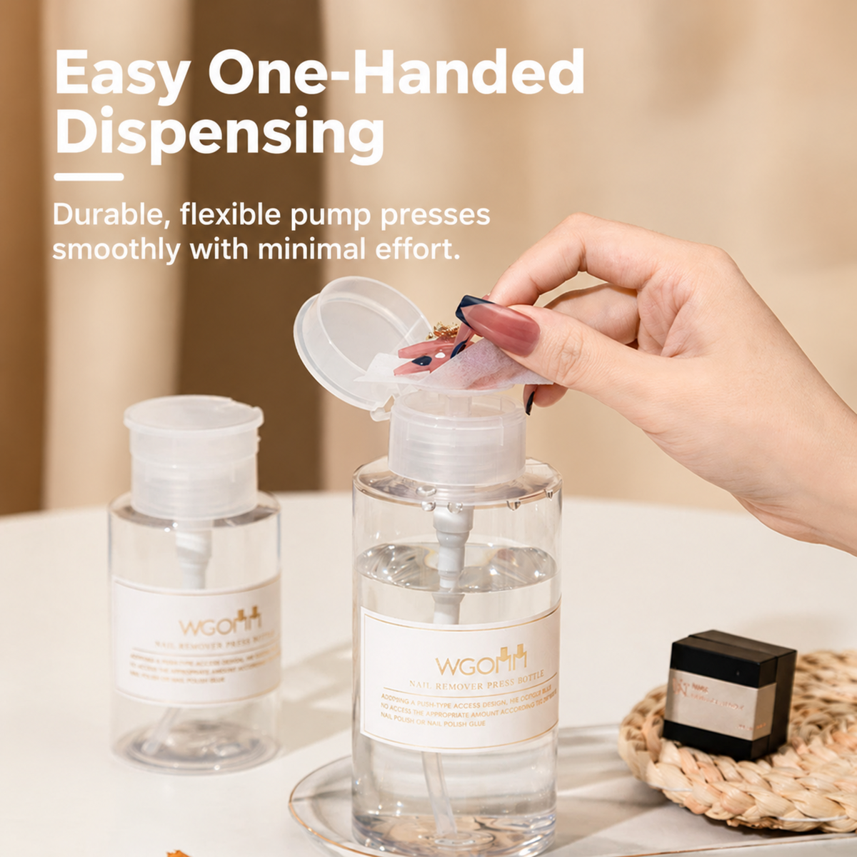 NF x clear 300 mL press-pump bottle used for easy one-handed dispensing during professional nail services.