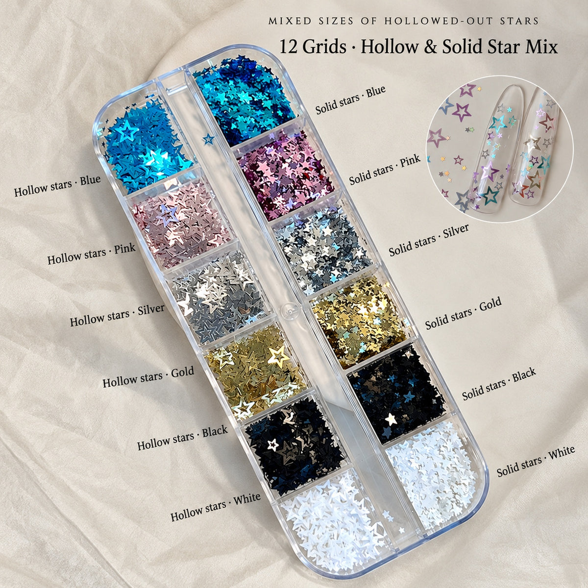NF x colourful hollow and solid star nail sequins in a 12-grid box, with six colour pairs and an example nail-tip design.